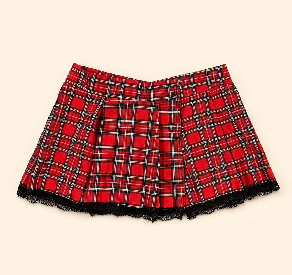 Y2K Red Plaid Pleated Mini Skirt‎ Lace Trim Schoolgirl Punk